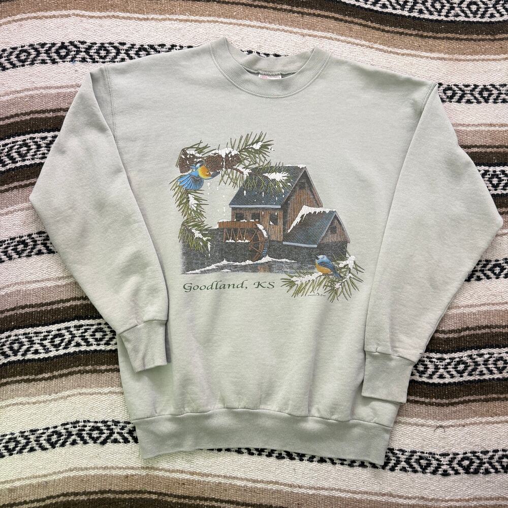 Vintage 90's Goodland Kansas Green Nature Mill Crewneck Pullover Sweatshirt Sz M